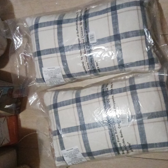 THRESHOLD PLAID STRIPE Reversible THROW PILLOWS Farmhouse Beige - Picture 2 of 3